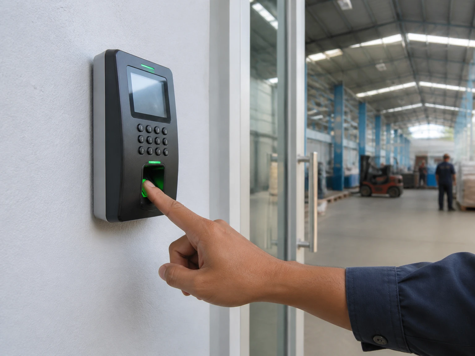 A biometric attendance terminal in use at a warehouse entrance