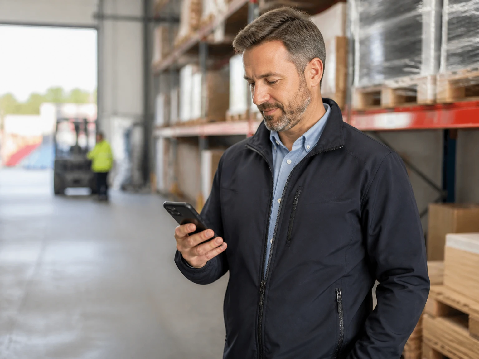 A supervisor checking the attendance dashboard on a phone from the warehouse floor