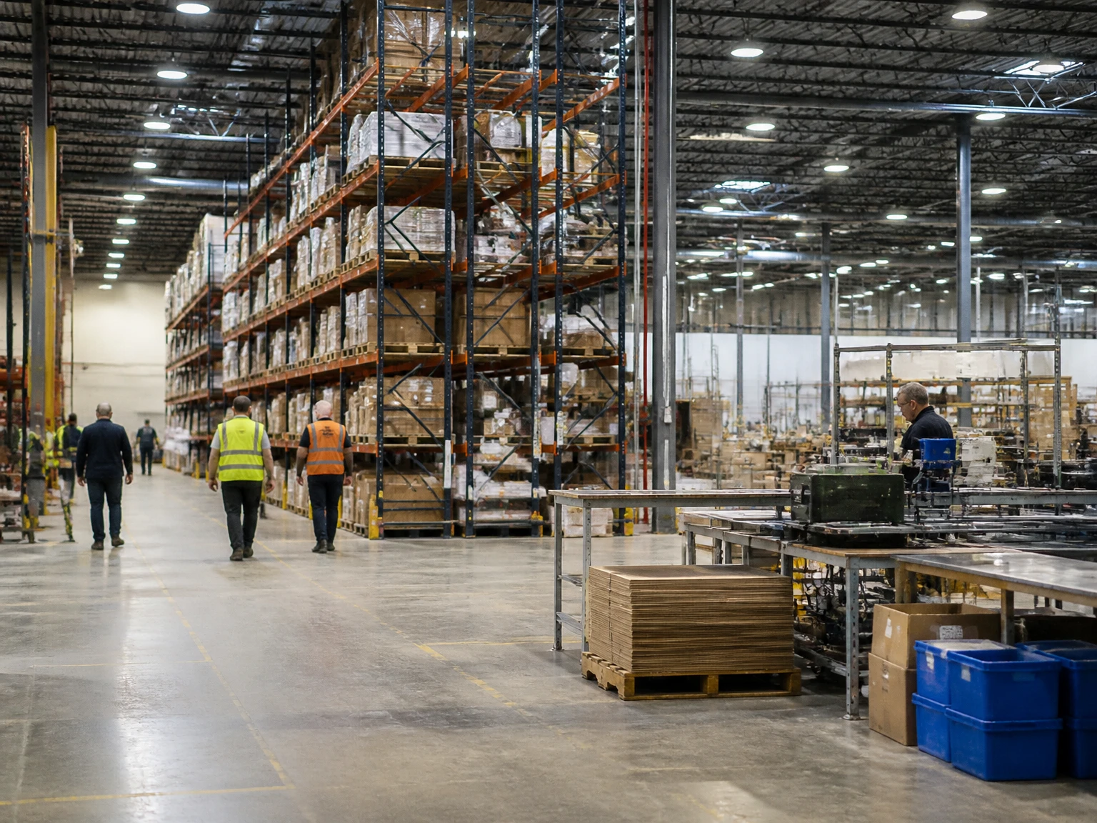 Workers walking through a large multi-site warehouse and manufacturing floor