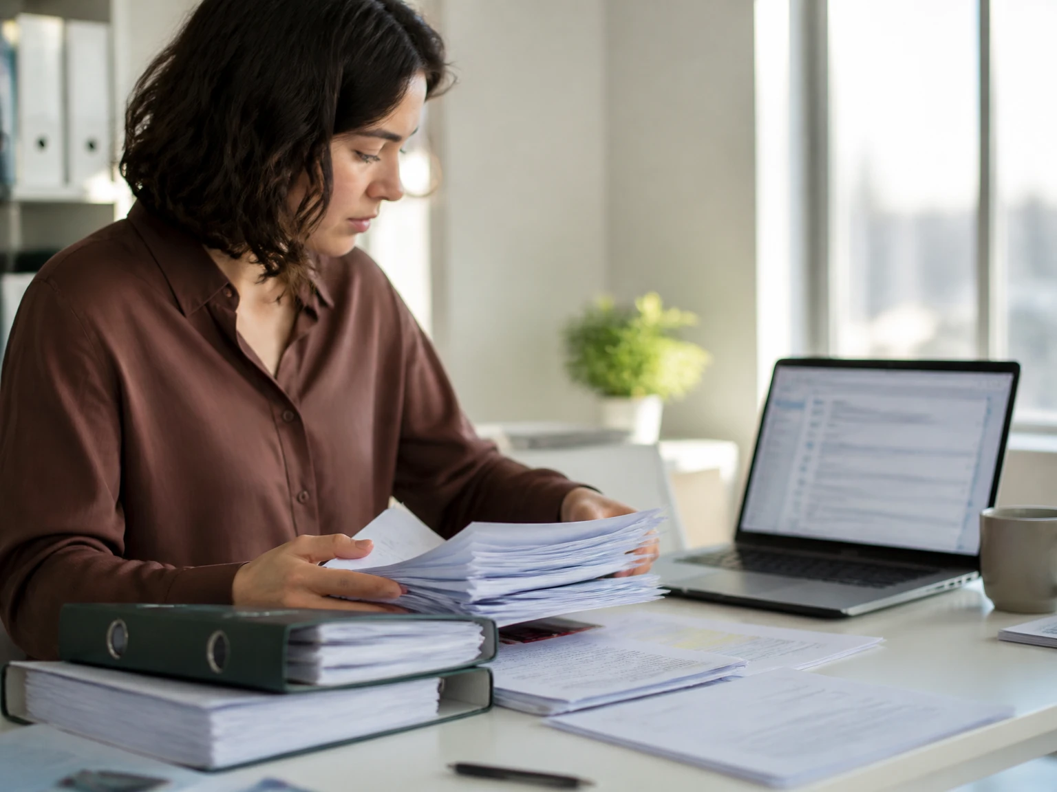A person organizing source documents that train the assistant