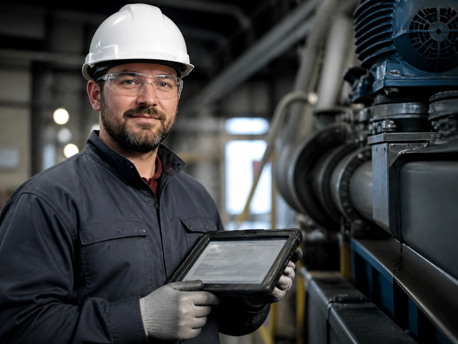A maintenance technician closing out a work order on a tablet