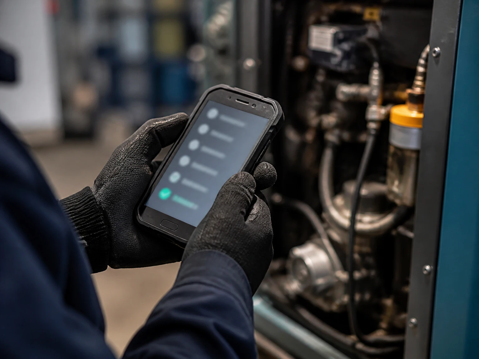 A technician's gloved hands checking off a maintenance checklist on a rugged phone