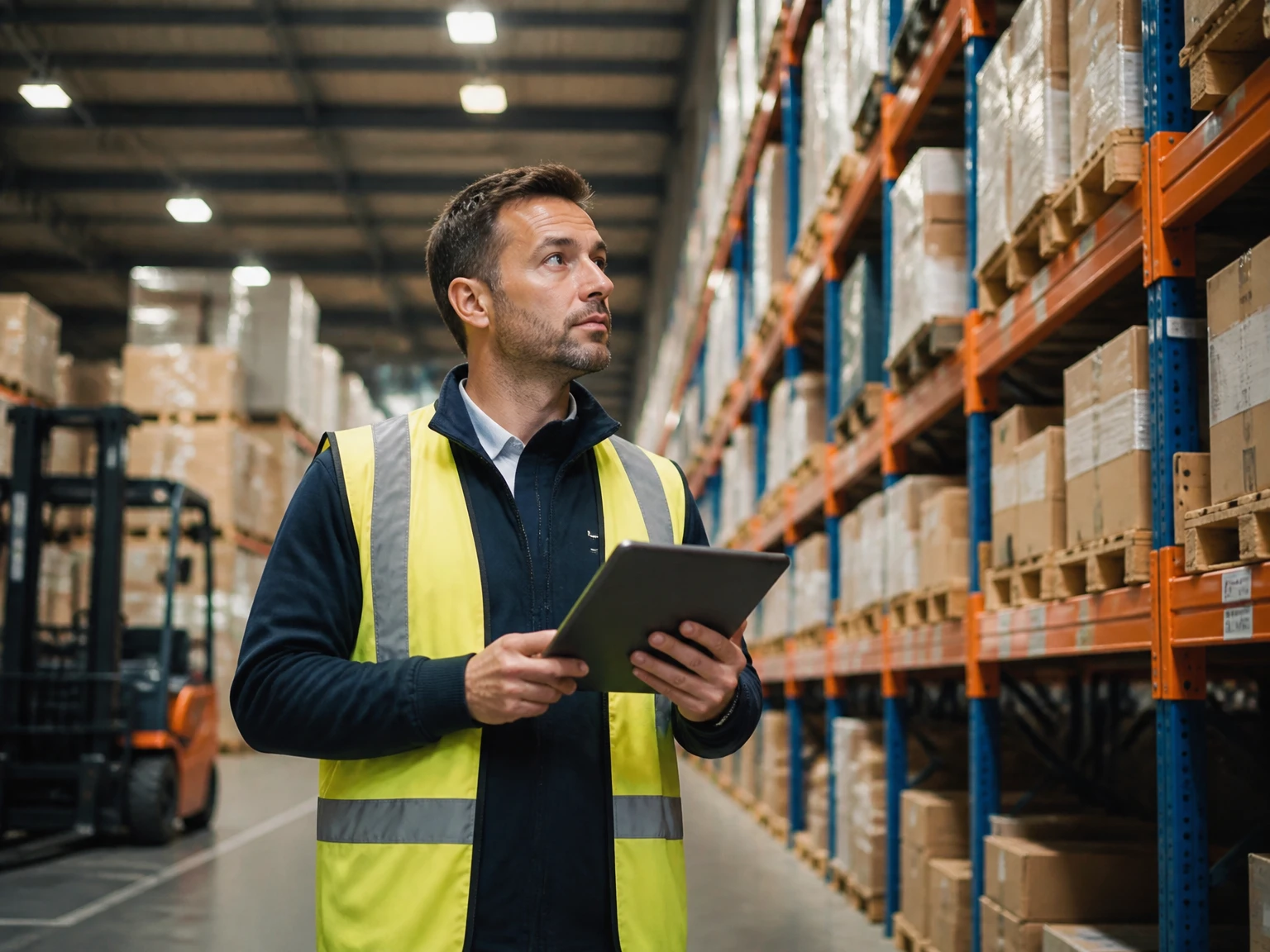 A warehouse supervisor checking inventory with a tablet