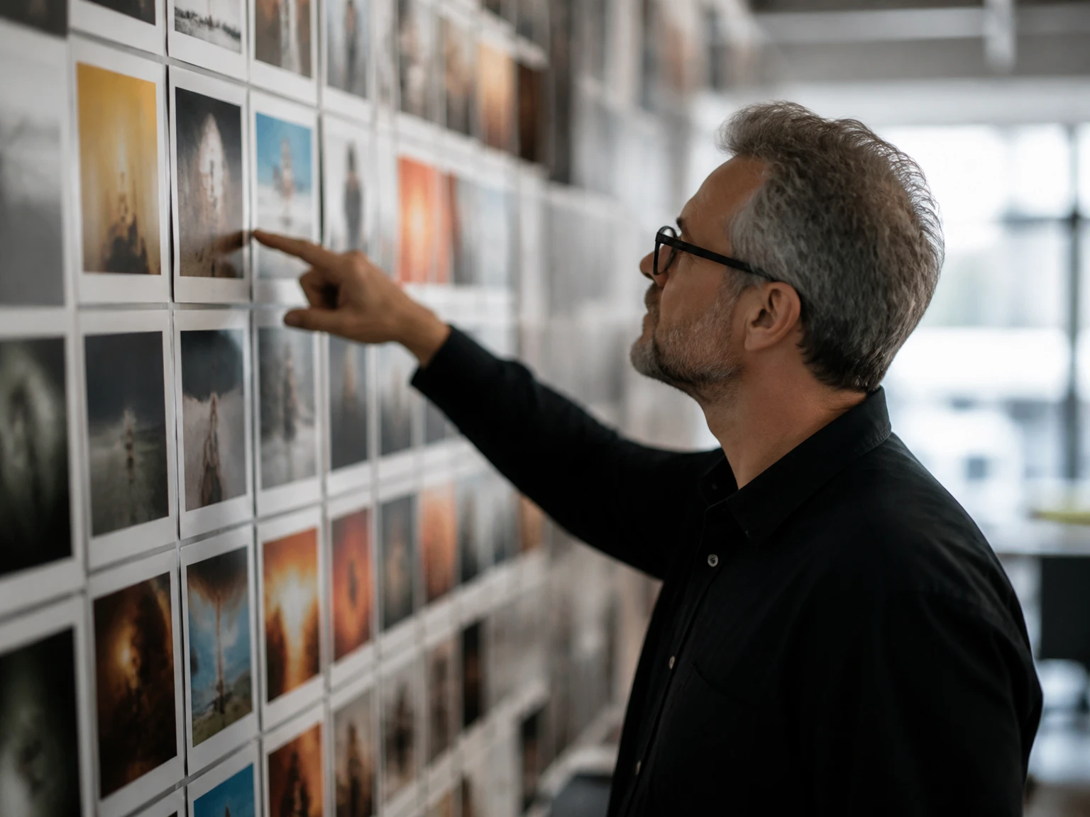 A creative director reviewing a wall of generated image thumbnails