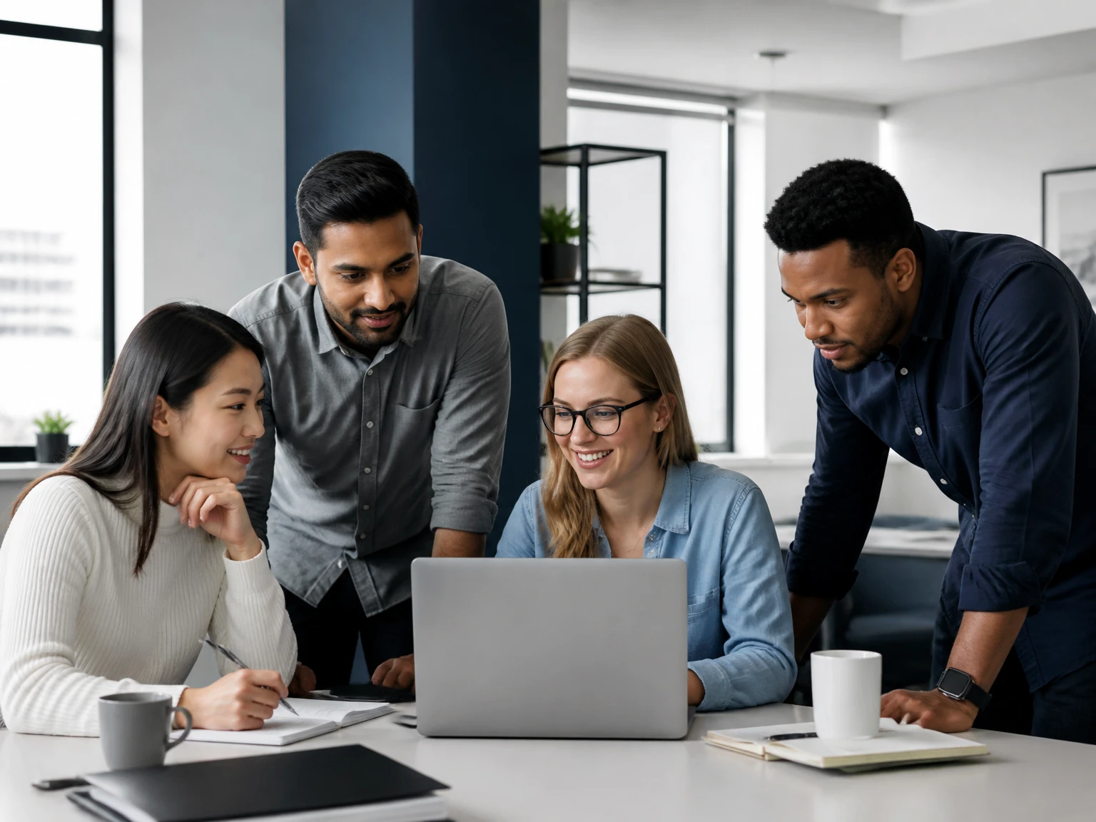A diverse team collaborating around a laptop