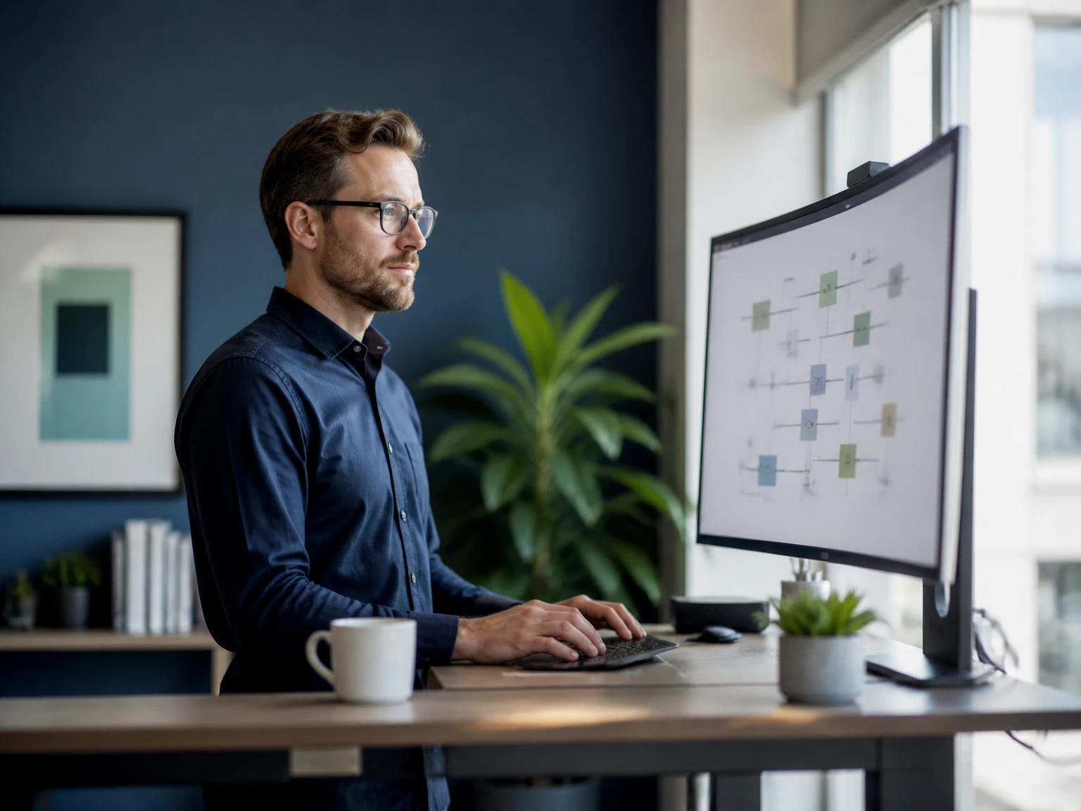 A professional reviewing a connected system diagram