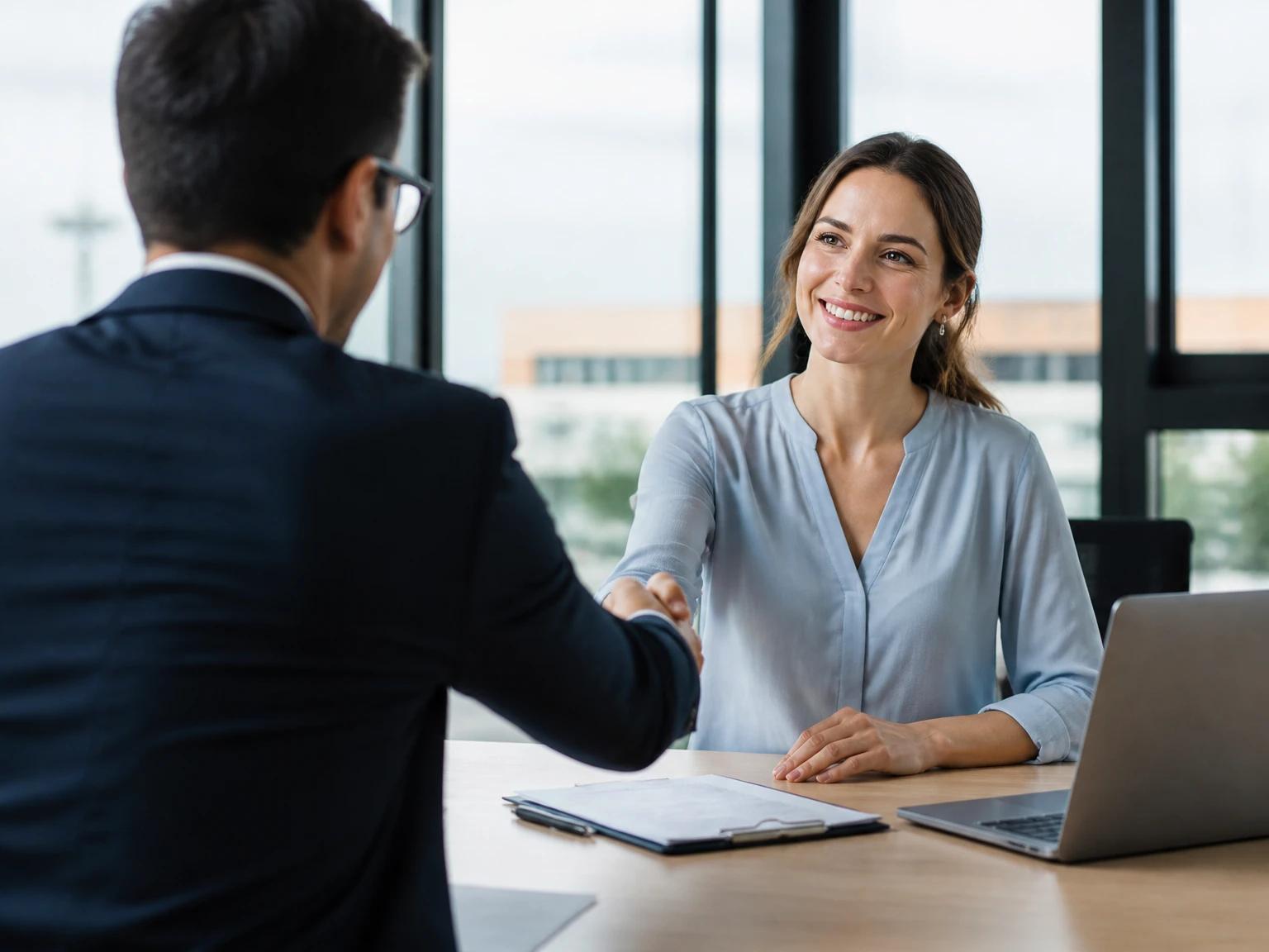 Two people shaking hands over a fixed quote