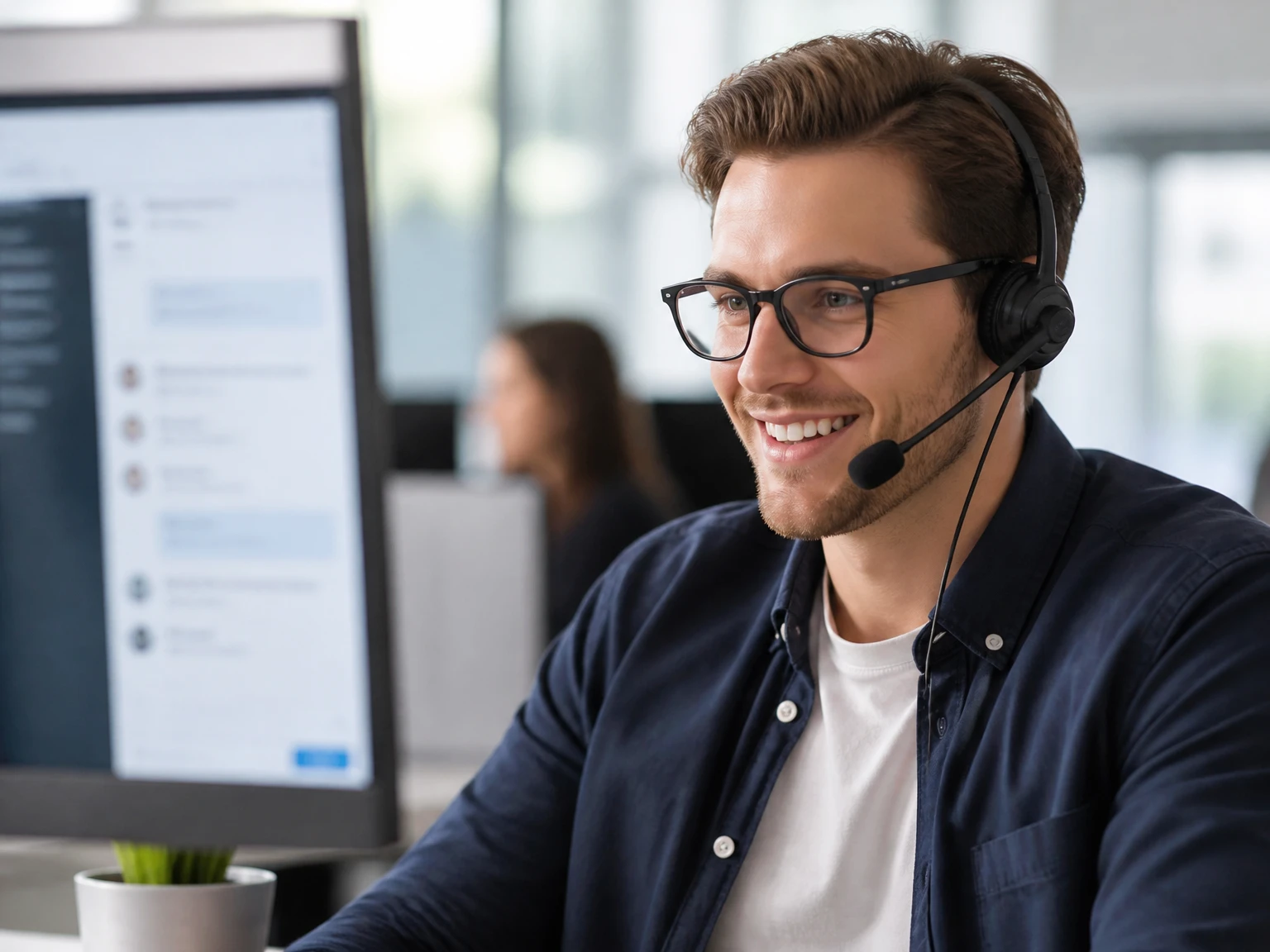 A support agent smiling while replying quickly
