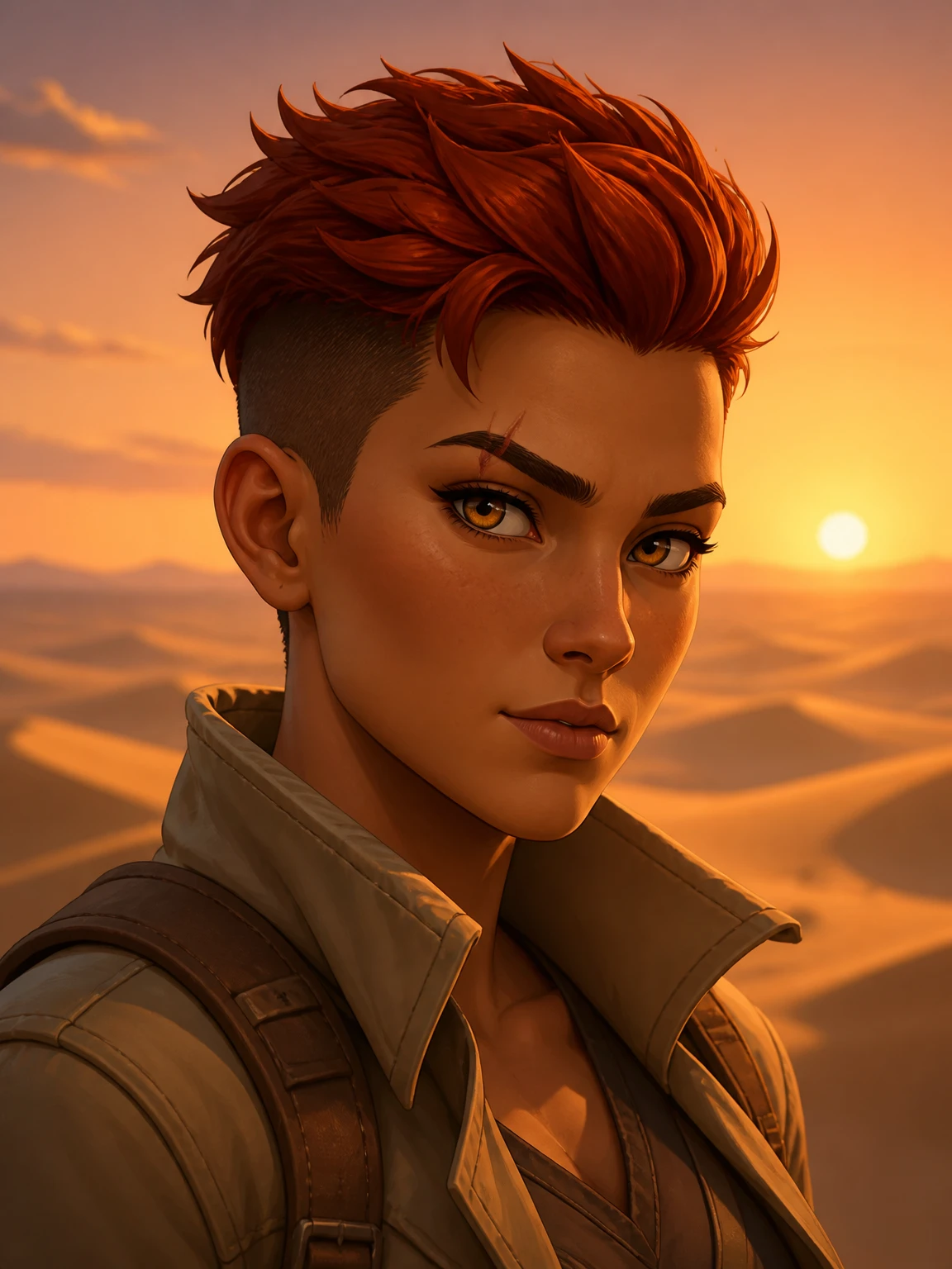 Nova on desert dunes at sunset, explorer jacket