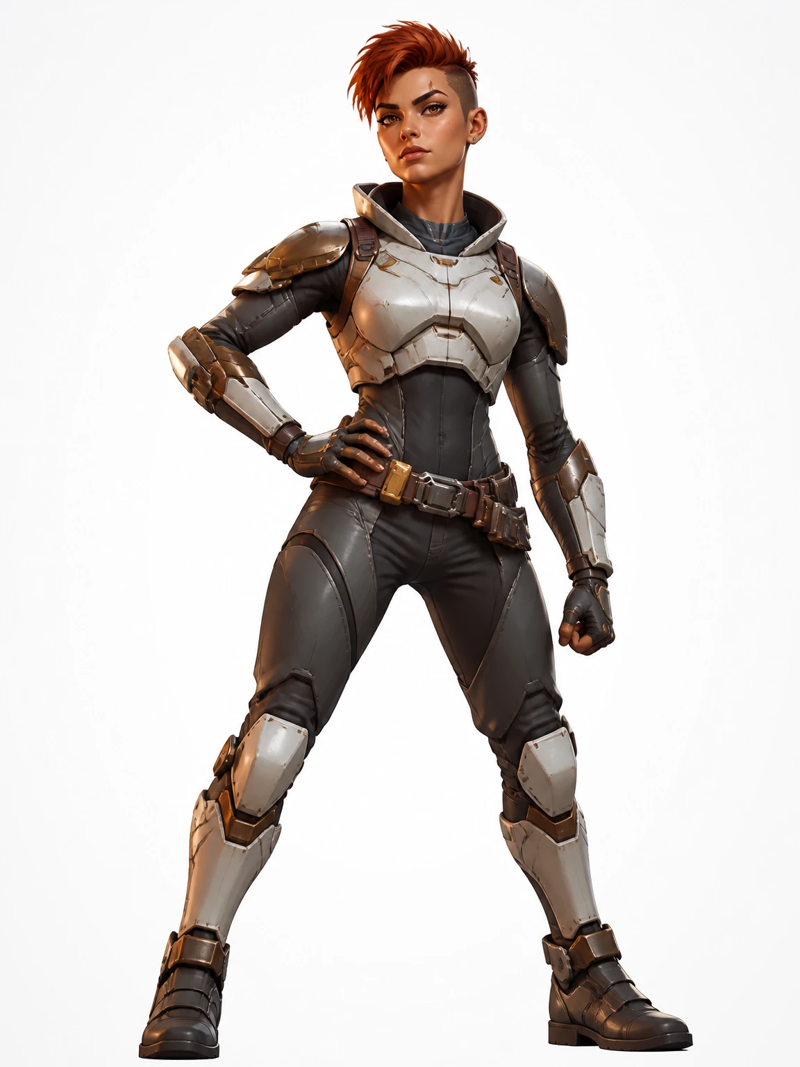Nova on a white studio backdrop, sci-fi armor