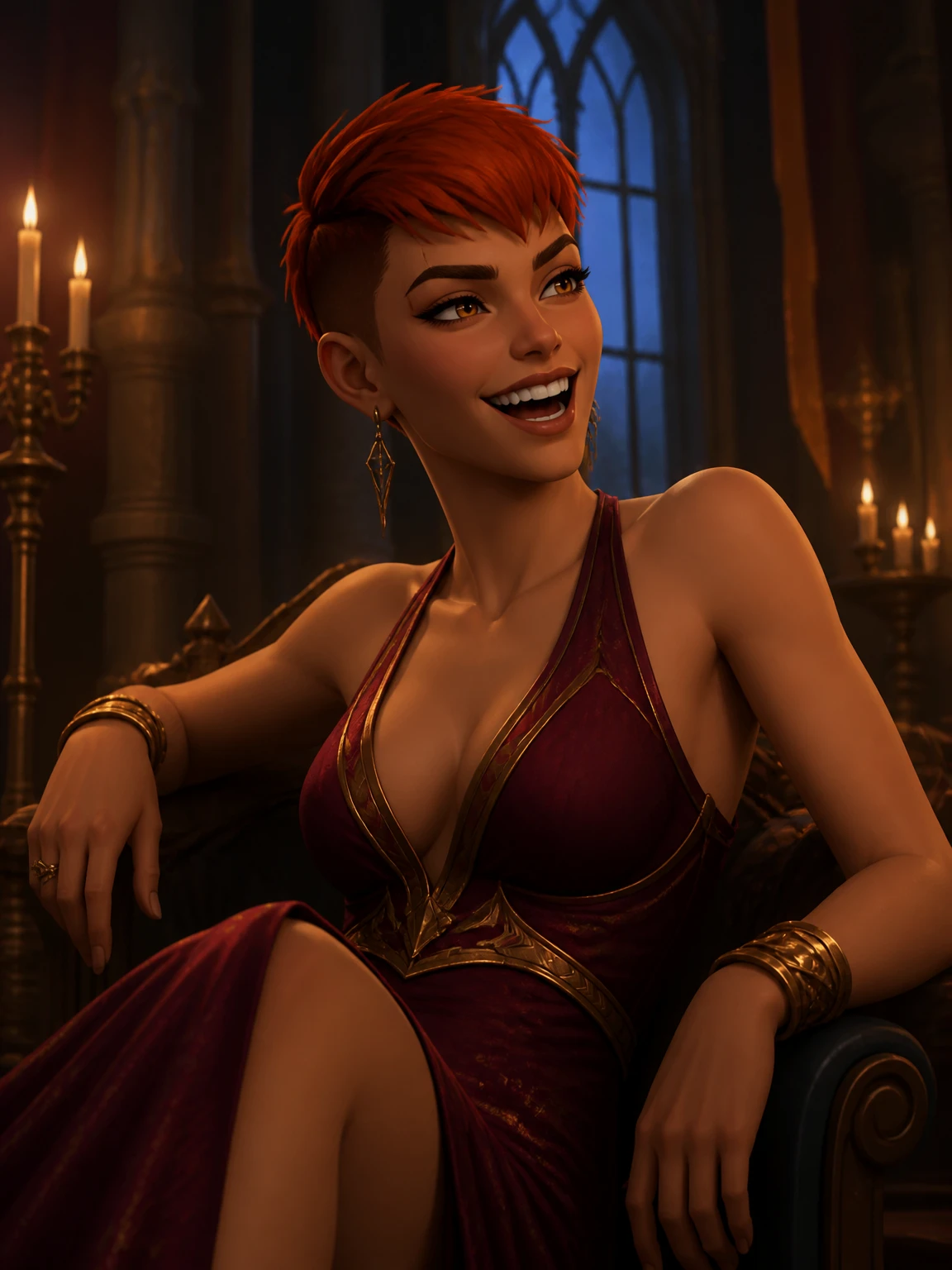 Nova in a candle-lit throne room, evening gown