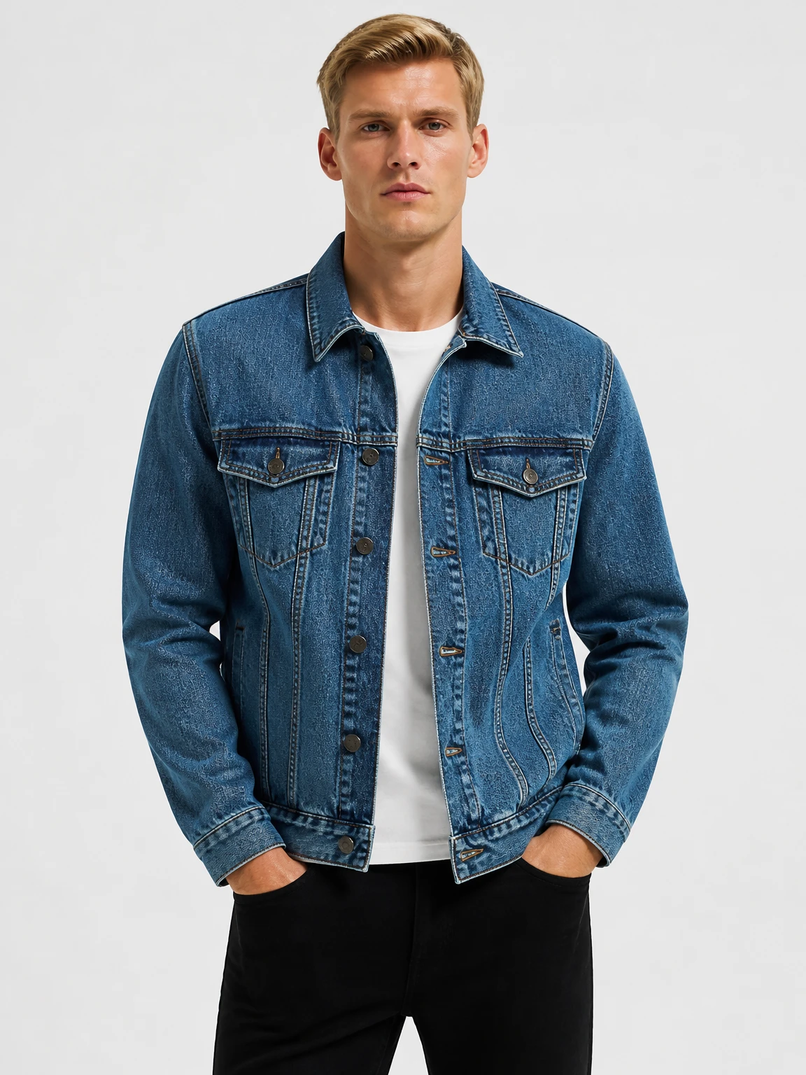 Elias wearing the denim jacket, on-model shot