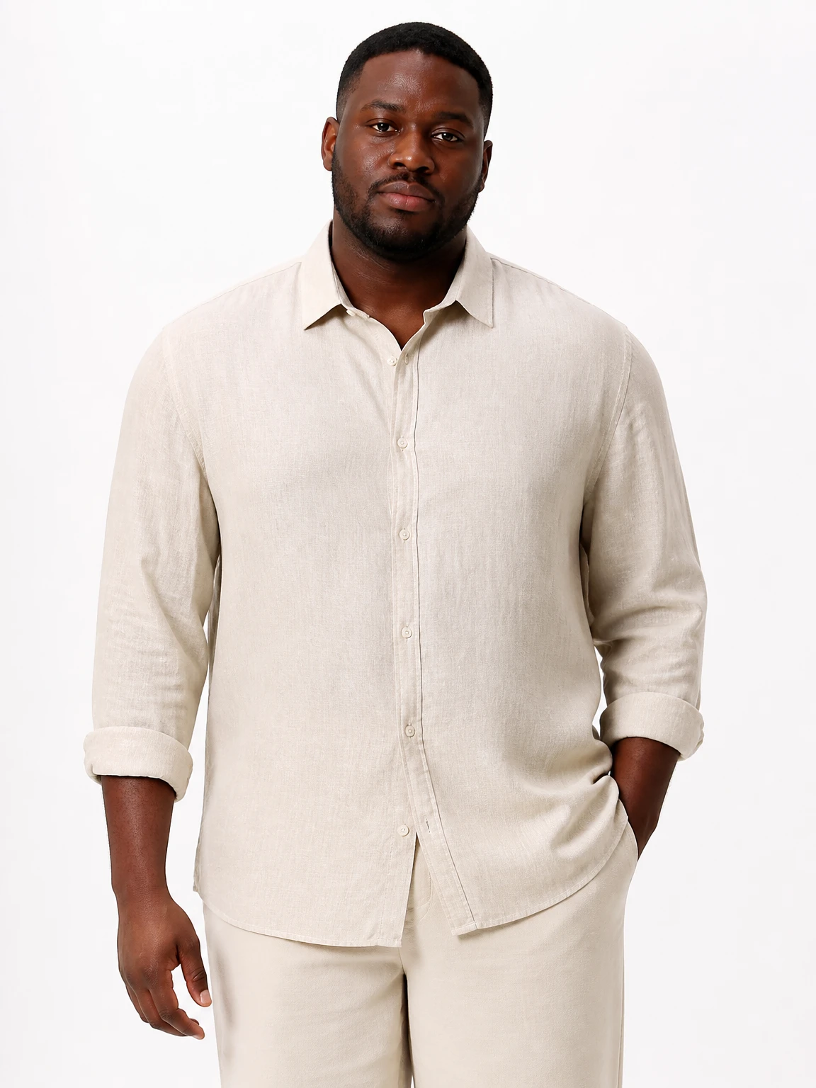 Marcus wearing the linen shirt, on-model shot
