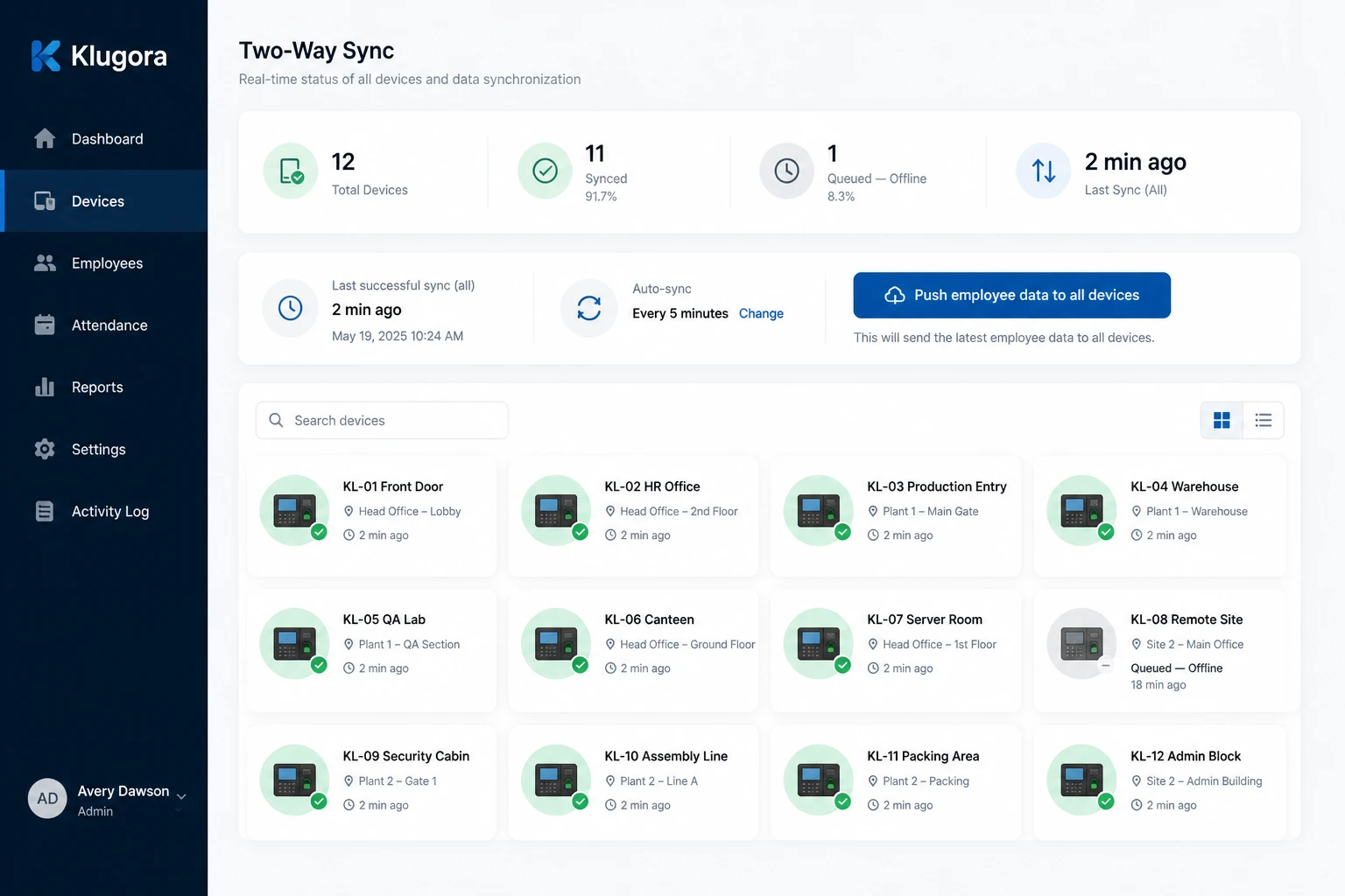 Device sync status view showing online and queued attendance devices