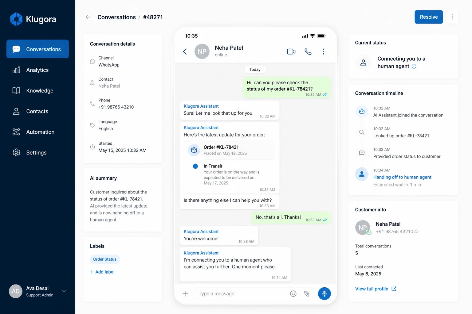 WhatsApp conversation with an AI assistant handing off to a human agent