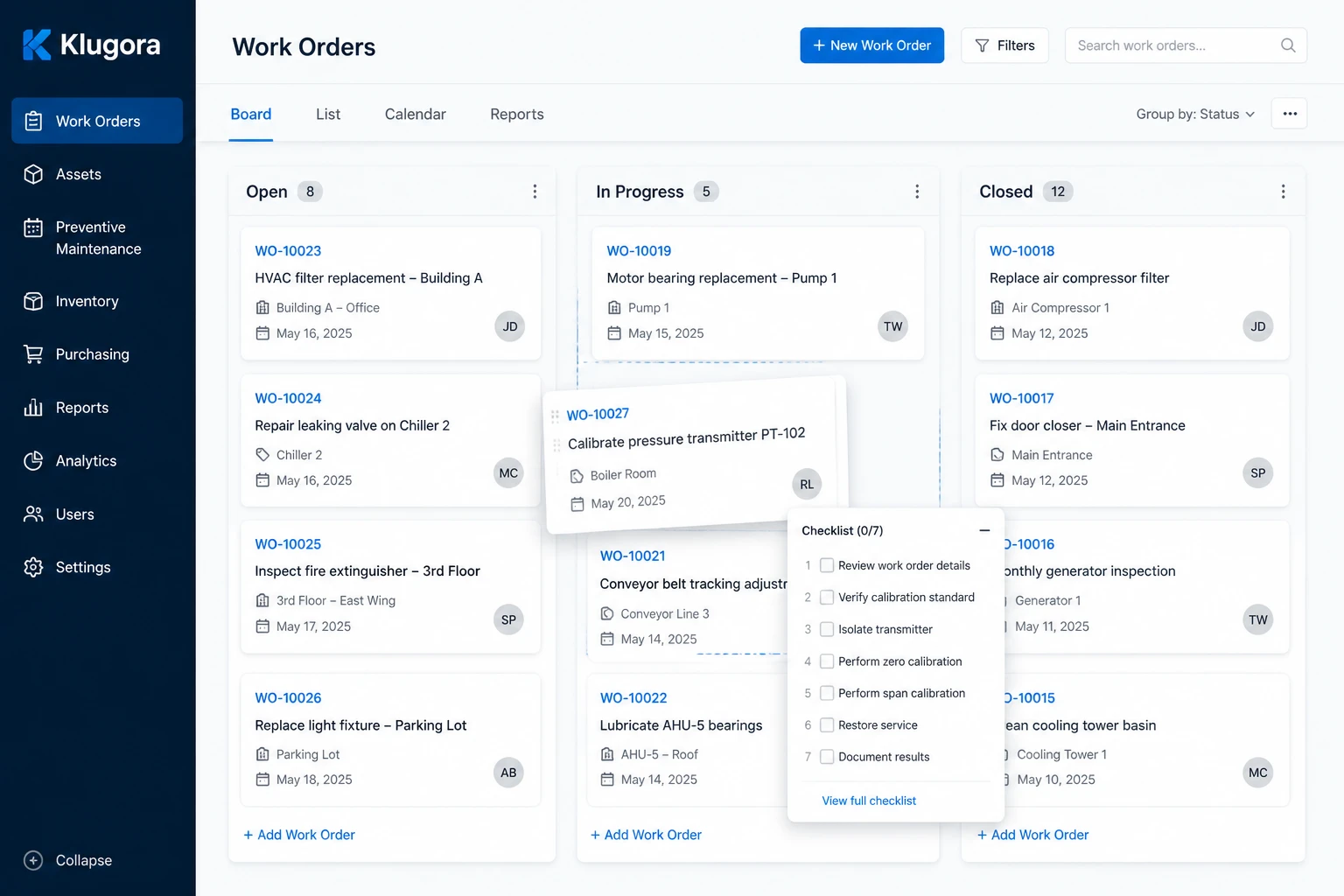 CMMS kanban board with work orders moving from open to closed