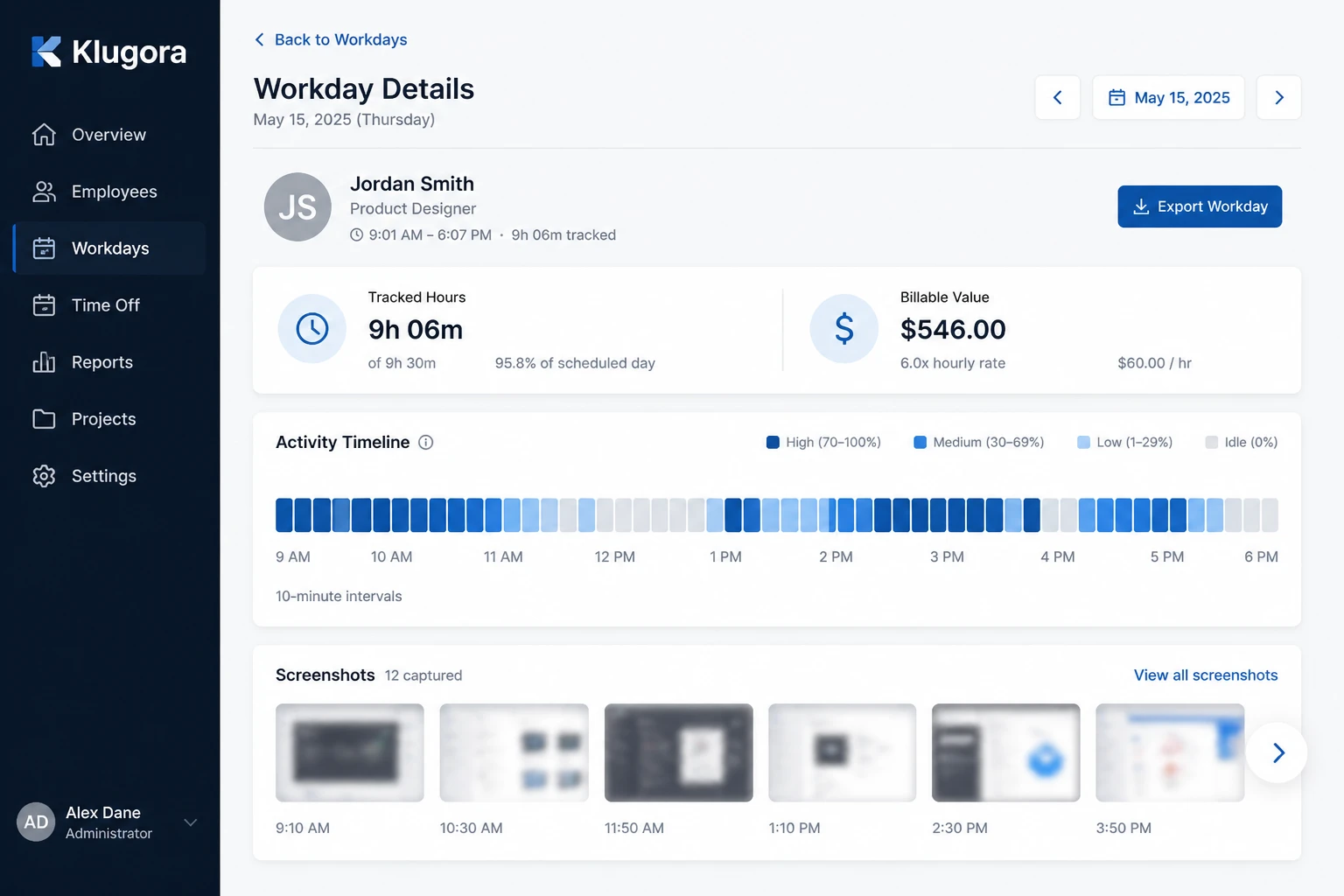 Individual tracked workday with 10-minute activity intervals and billable value