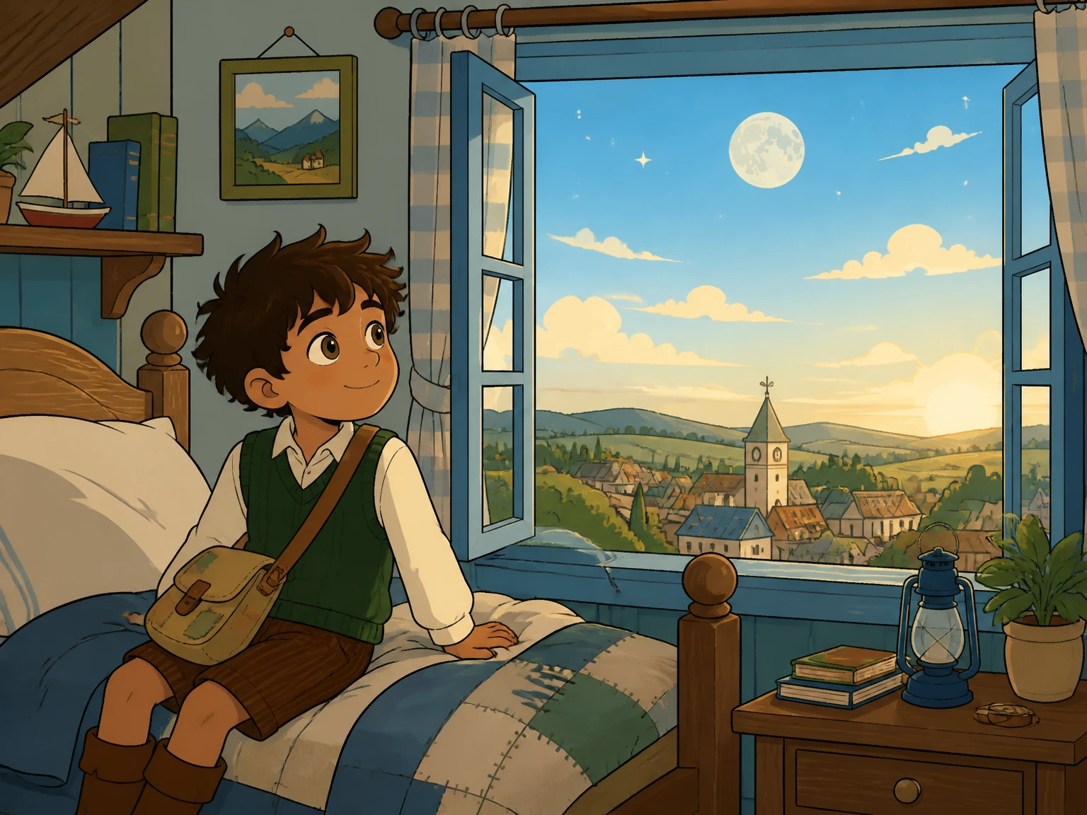 AI-generated storybook page — opening scene, flat vector style