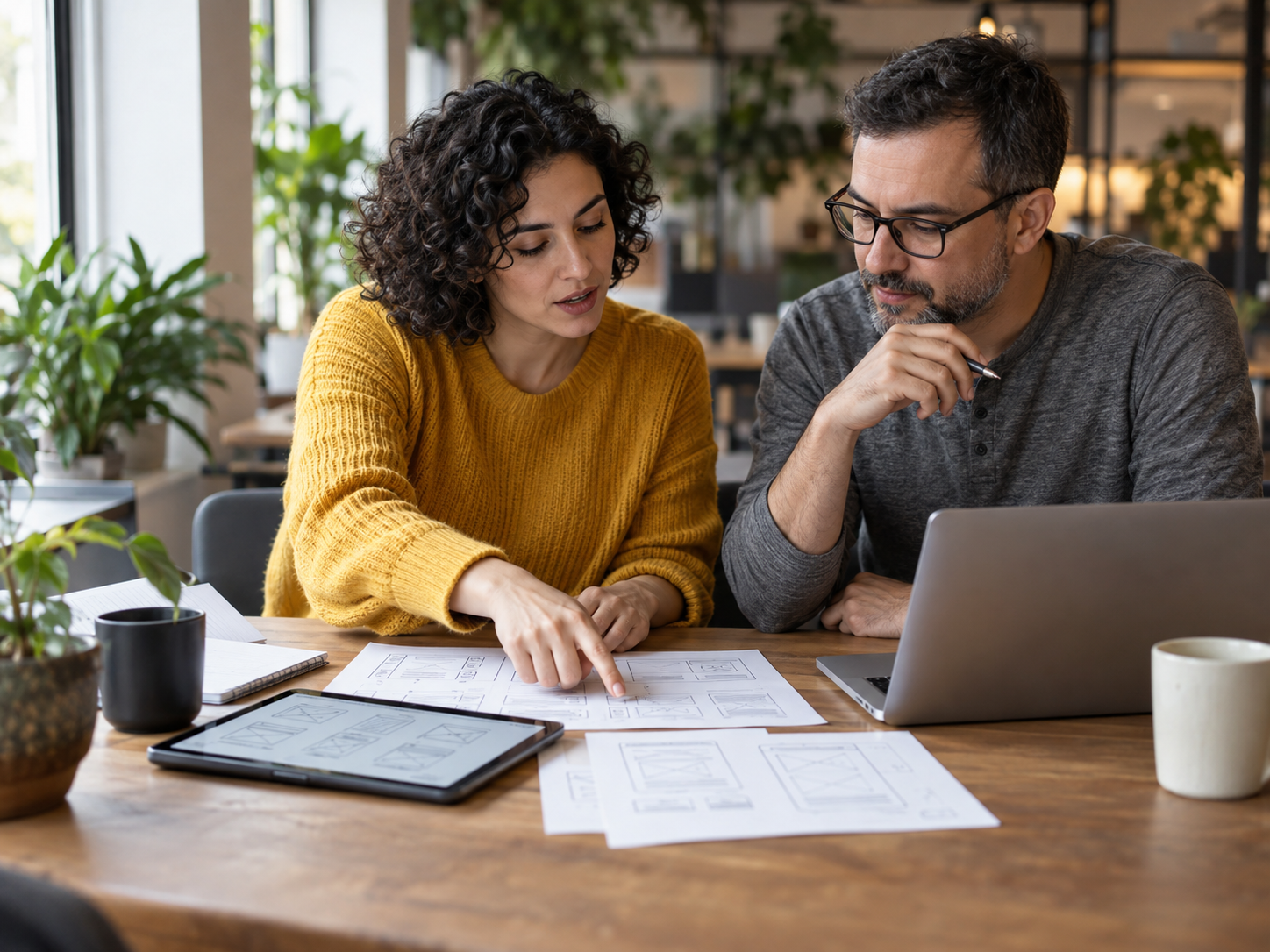 A founder and a developer reviewing product wireframes during a scoping call
