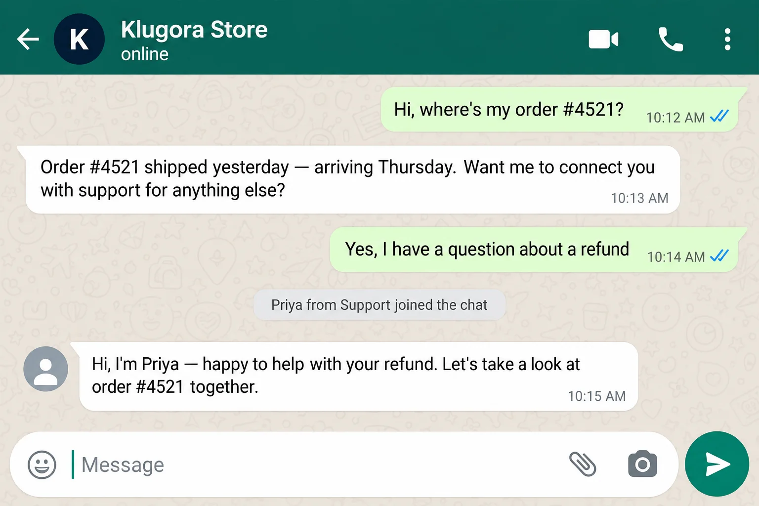 WhatsApp conversation with an AI assistant handing off to a human agent