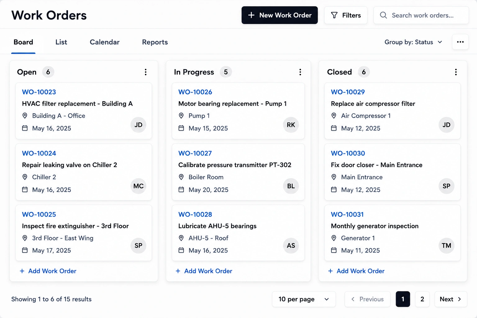 CMMS kanban board with work orders moving from open to closed