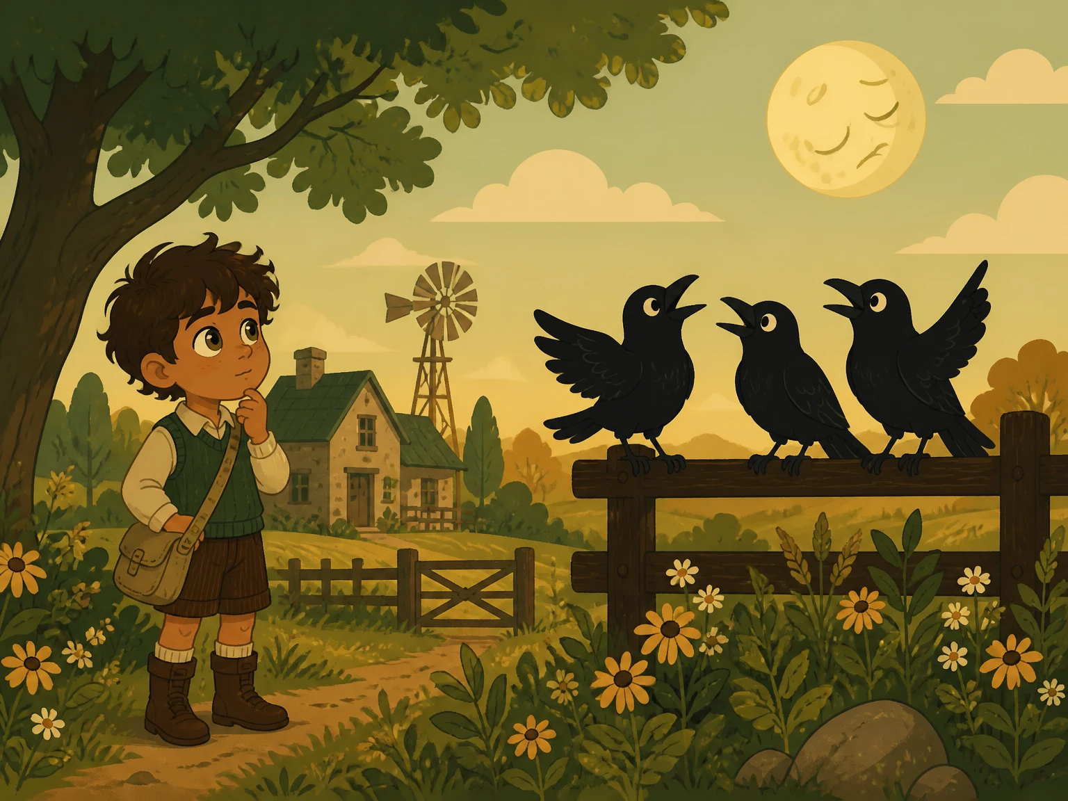 AI-generated storybook page — conflict, flat vector style